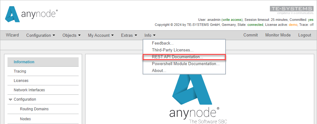 Screenshot: anynode frontend with integrated REST API documentation in the info menu.