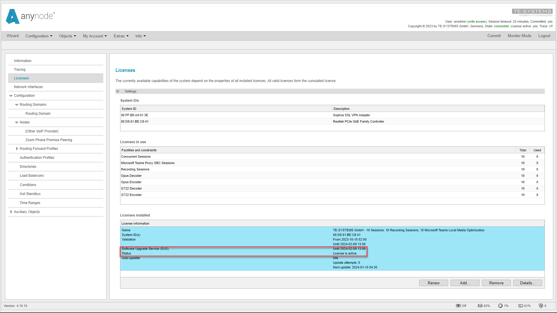 Screenshot: anynode frontend with license details.