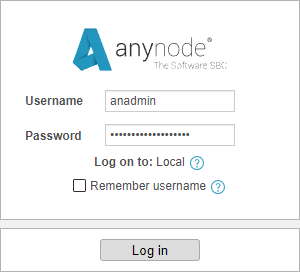 Screenshot: anynode frontend with login screen.