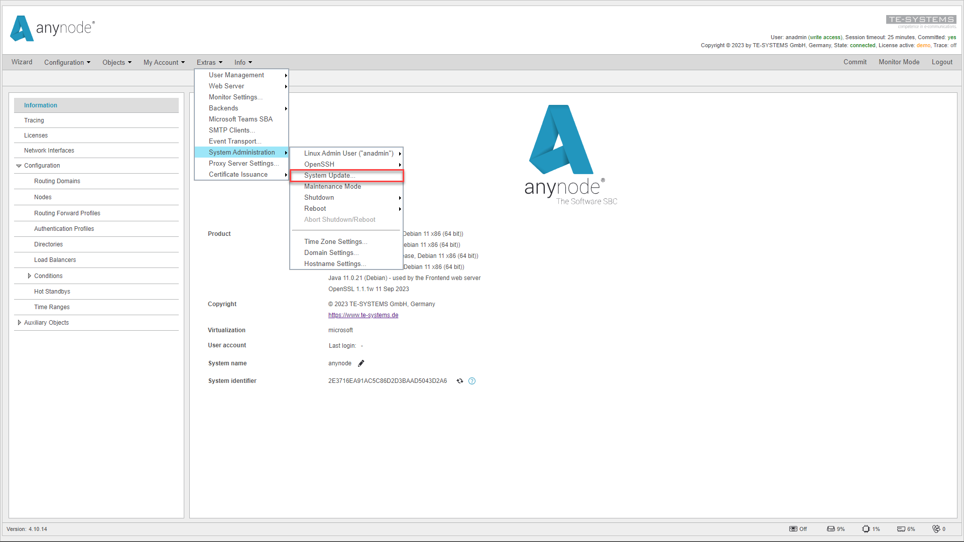 Screenshot: anynode frontend with menu for a system update. 