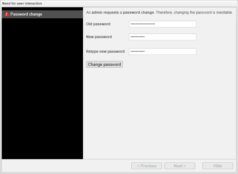 Screenshot: anynode frontend with password change.