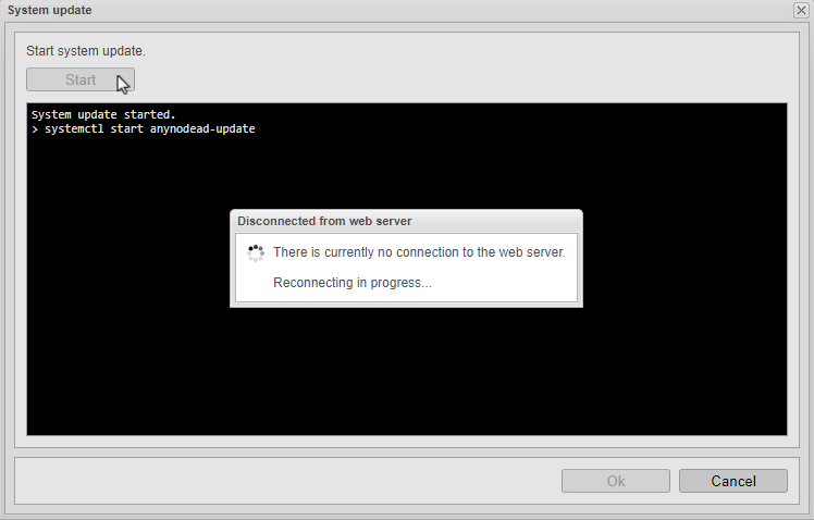 Screenshot: anynode frontend with system update. 