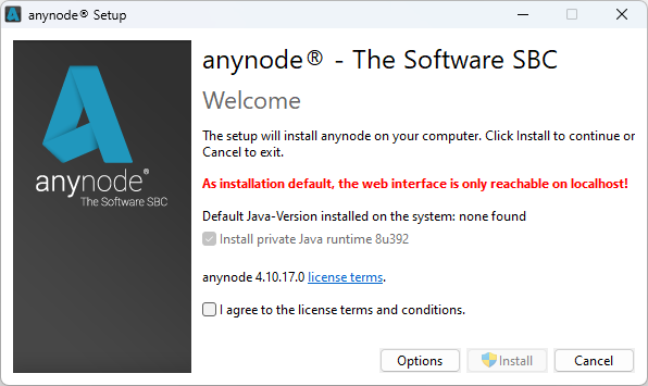 Screenshot: anynode setup welcome screen with license terms