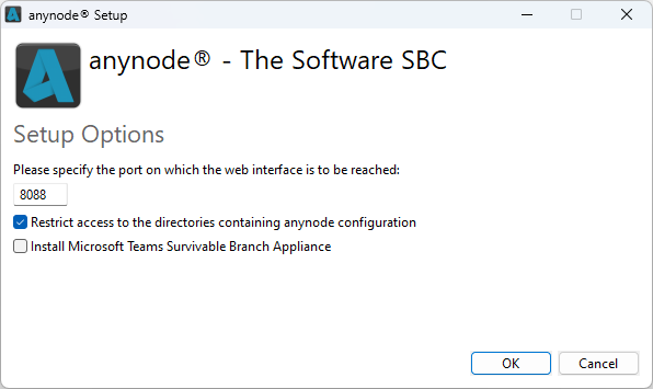 Screenshot: anynode setup with options for a first-time installation.