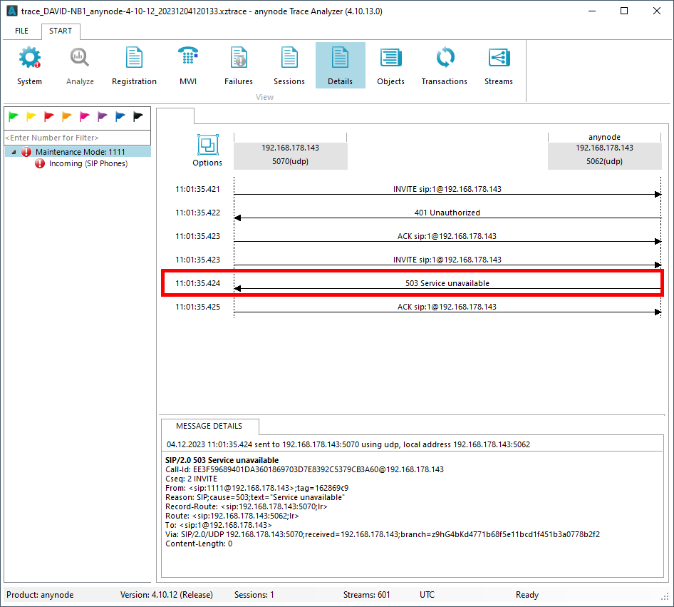 Screenshot: anynode trace analyzer showing a 503 Service unavailable call rejection due to maintenance mode