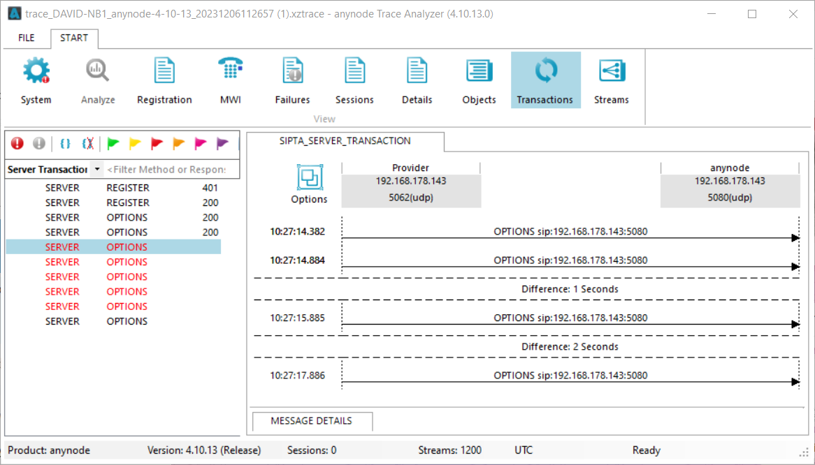 Screenshot: anynode trace analyzer showing anynode ignoring option packets during maintenance mode