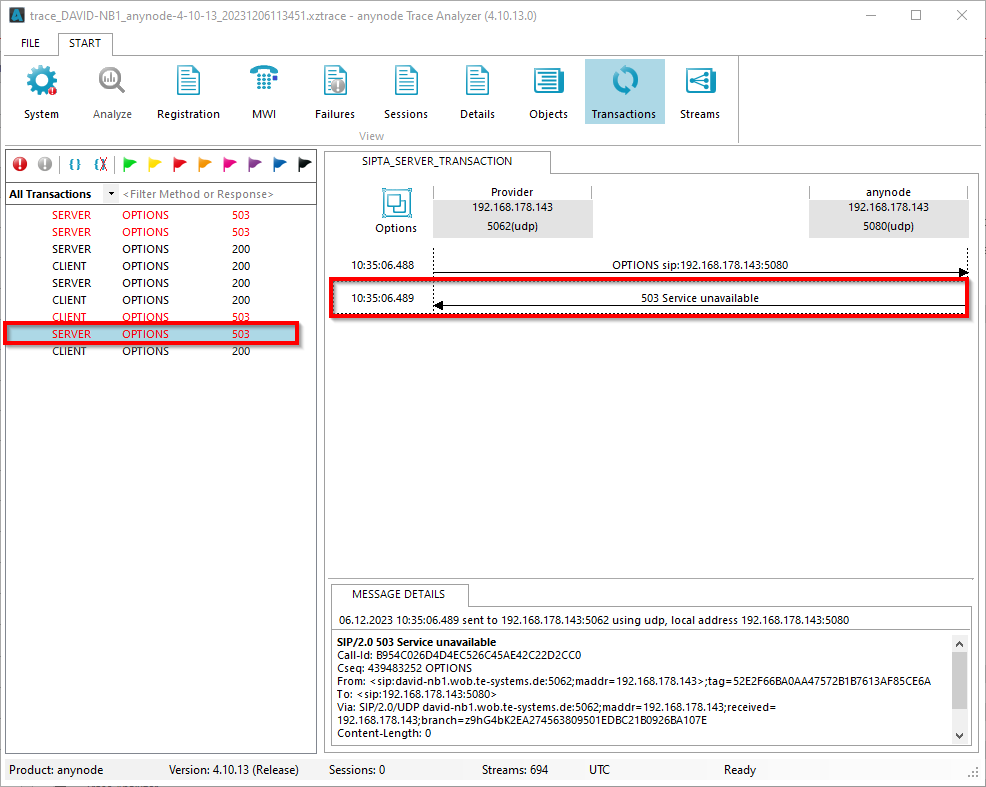 Screenshot: anynode trace analyzer showing anynode rejecting options with 503 service unavailable during maintenance mode