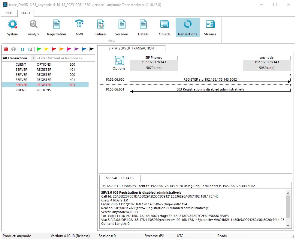 Screenshot: anynode trace analyzer showing how anynode registrar rejects register with 603 during maintenance mode