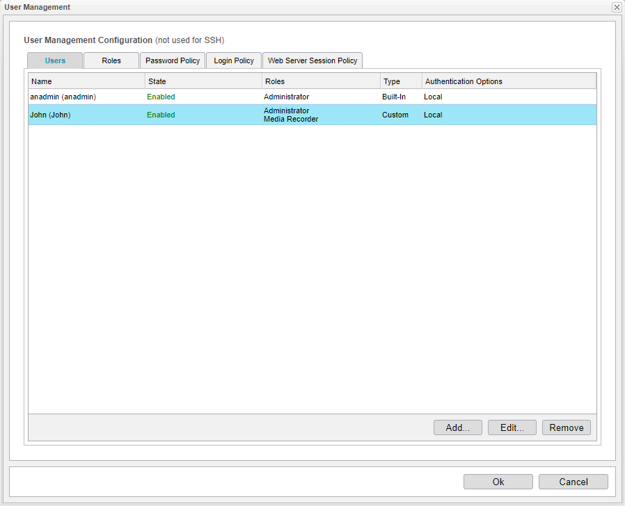 Screenshot: anynode user management and an added user with administrator and media recorder roles.