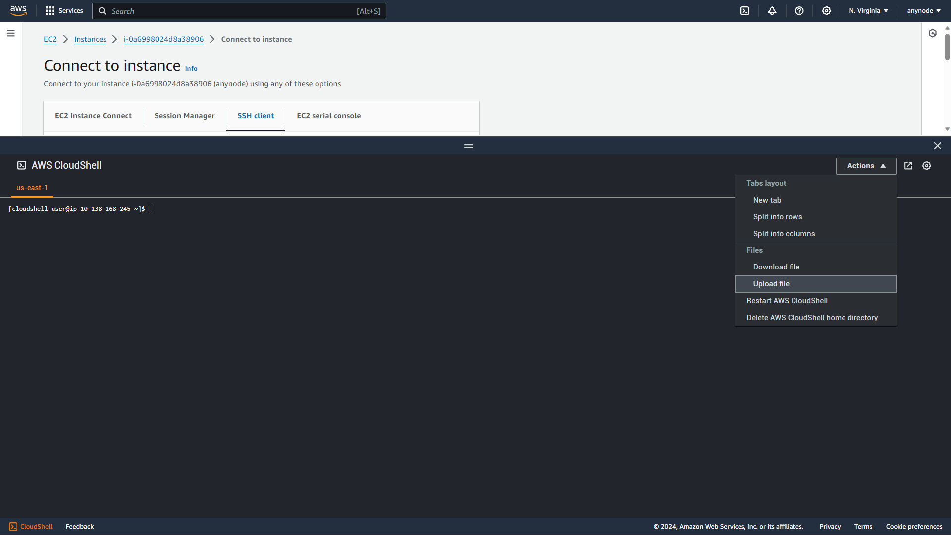 Screenshot: AWS CloudShell connection with upload private key functionality.