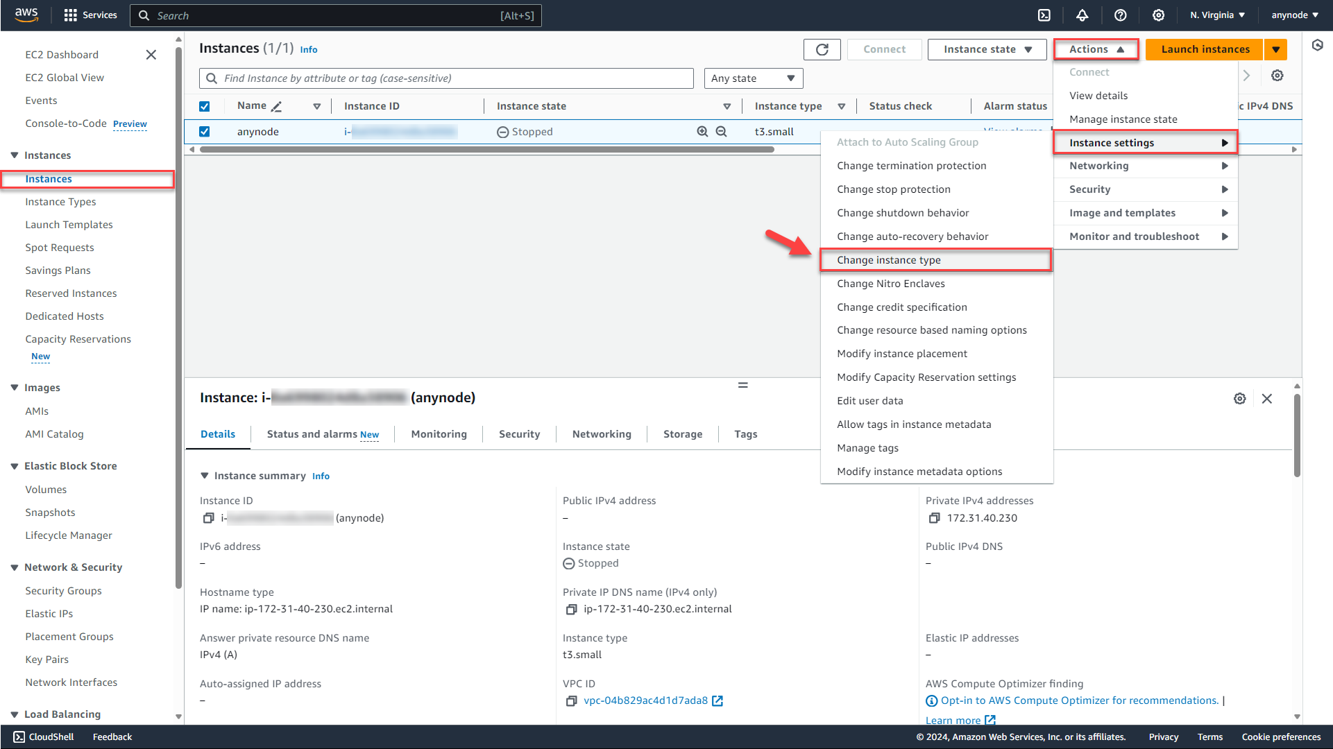 Screenshot: AWS EC2 Console with chance instance type options.