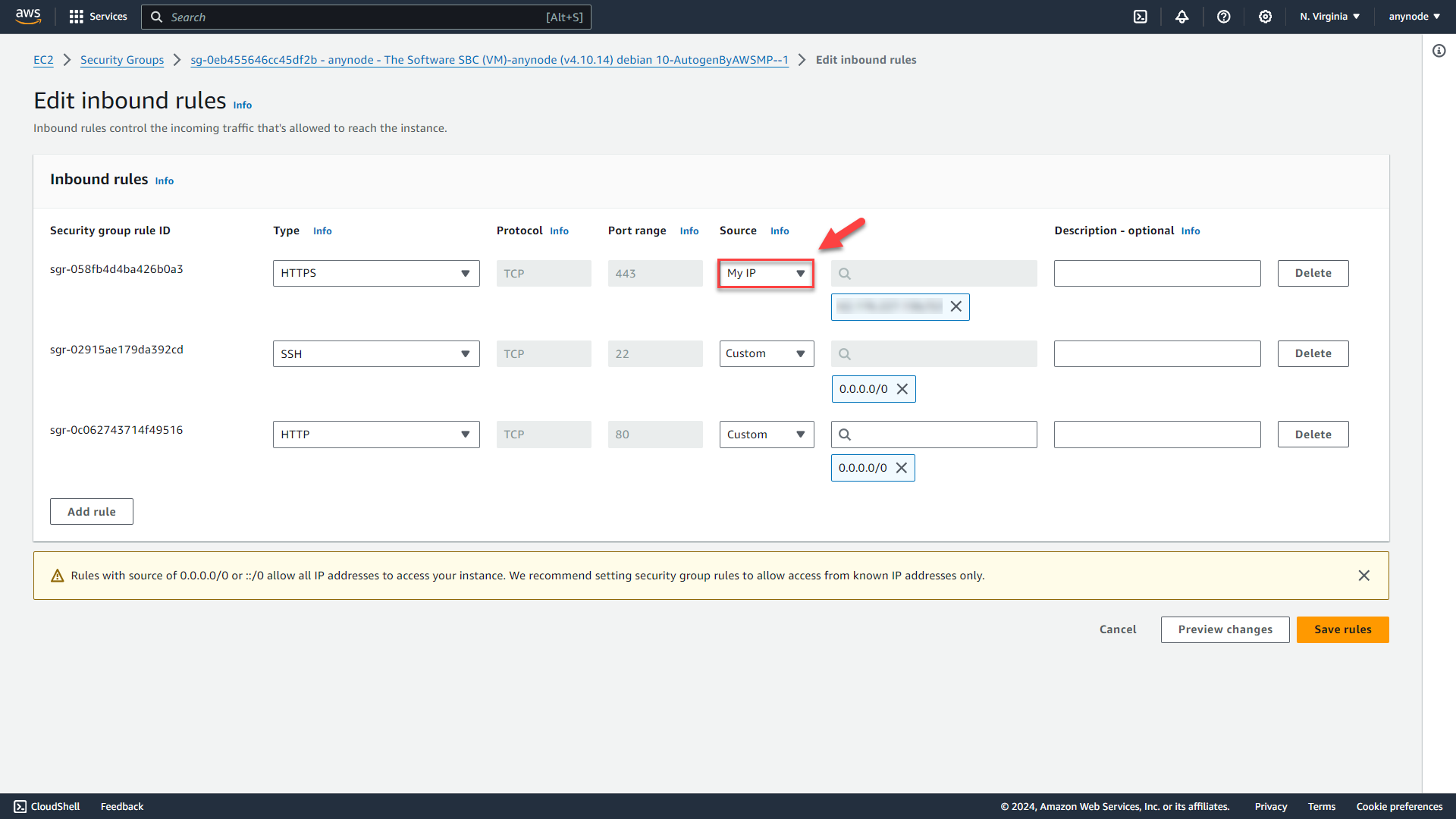 Screenshot: AWS EC2 Console with edit inbound rules to restrict access to HTTPS.