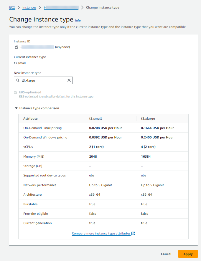 Screenshot: AWS EC2 Console with instance type comparison.