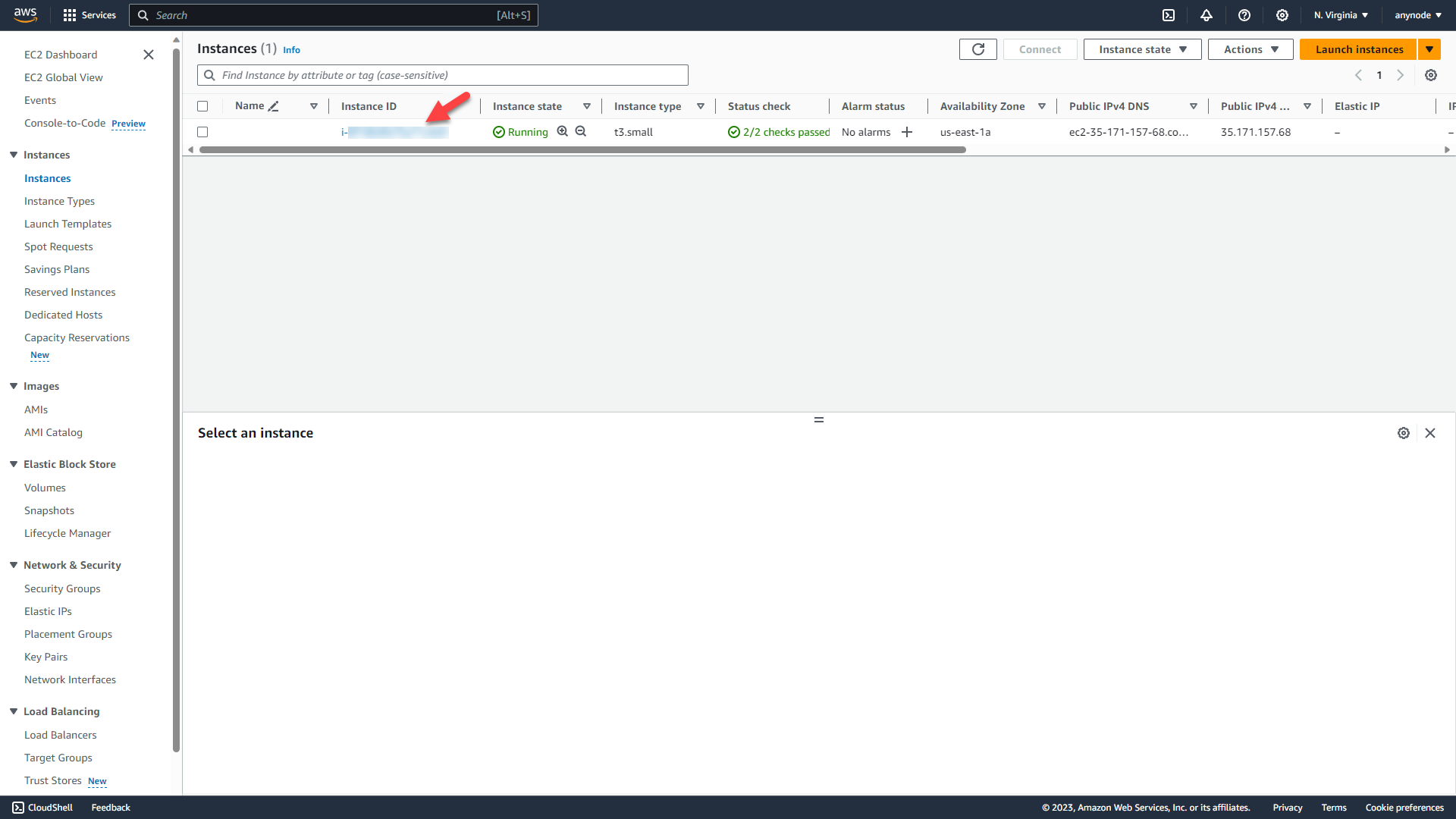 Screenshot: AWS EC2 Console with instances overview and created instance for anynode – The Software SBC (VM). 