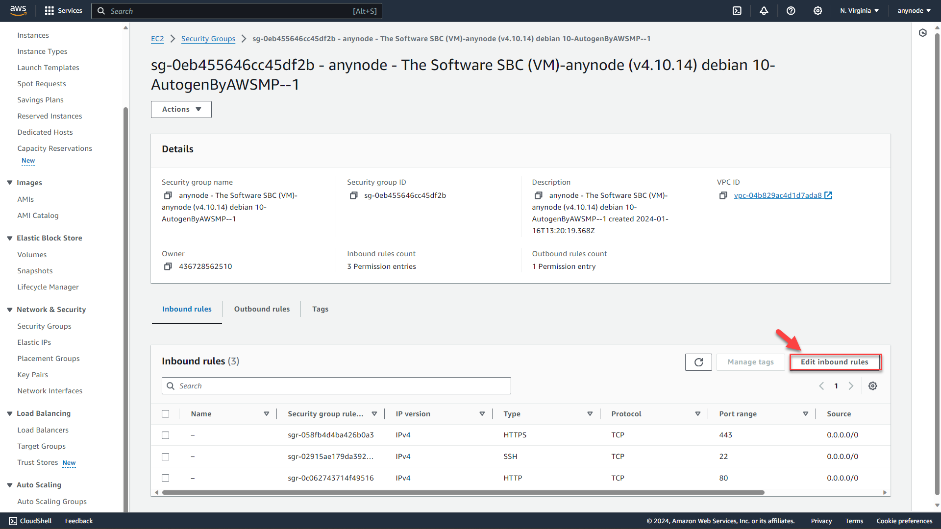 Screenshot: AWS EC2 Console with security group inbound rules overview.