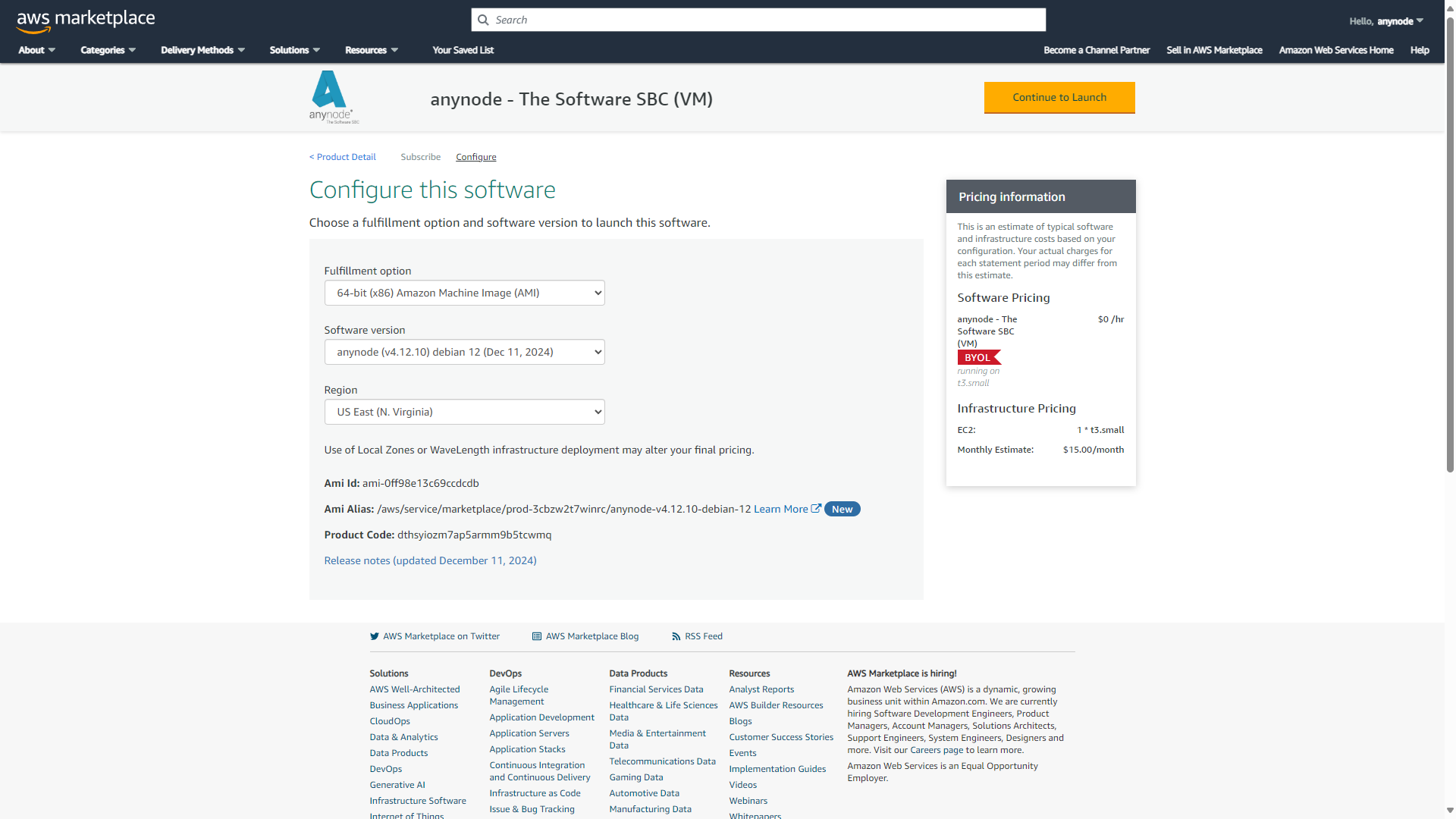 Screenshot: AWS Marketplace with fulfillment option and software version for anynode – The Software SBC (VM). 