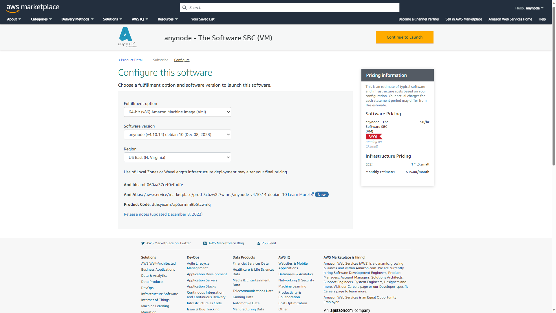 Screenshot: AWS Marketplace with fulfillment option and software version for anynode – The Software SBC (VM). 