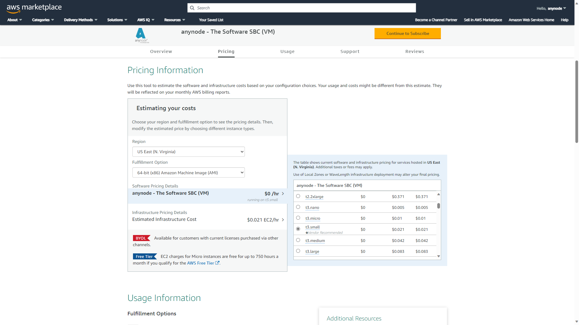 Screenshot: AWS Marketplace with pricing information for anynode – The Software SBC (VM).