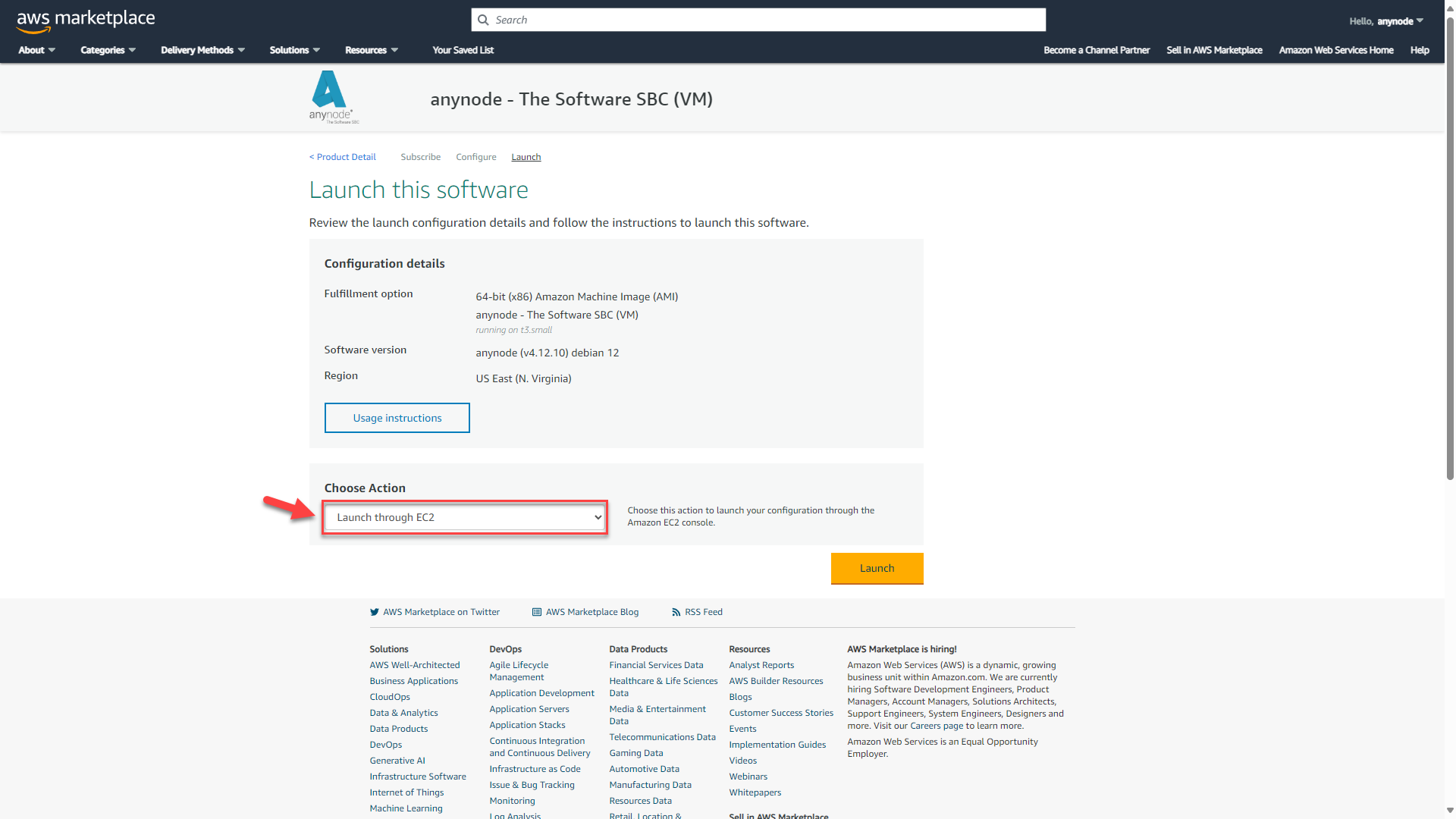 Screenshot: AWS Marketplace with review of the launch configuration details for anynode – The Software SBC (VM) and launch through EC2. 