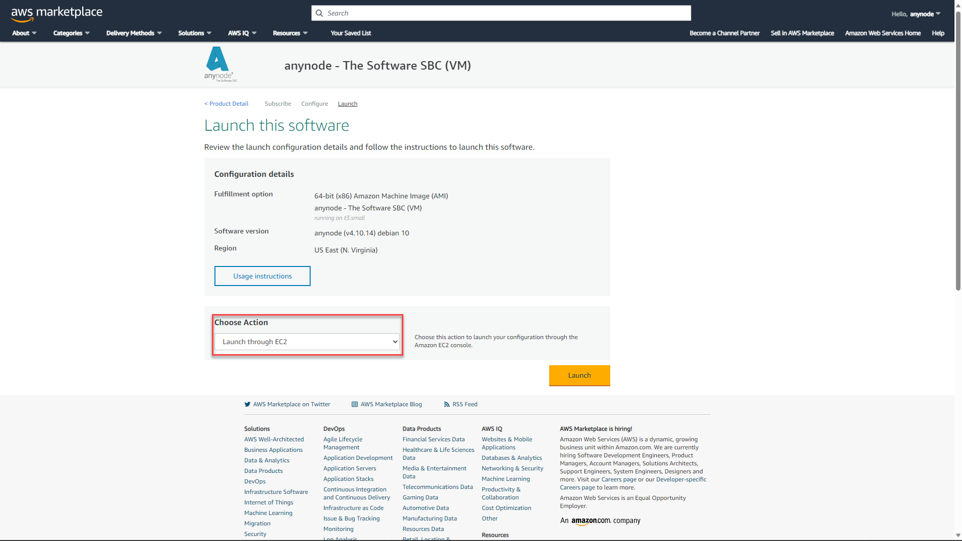 Screenshot: AWS Marketplace with review of the launch configuration details for anynode – The Software SBC (VM) and launch through EC2. 