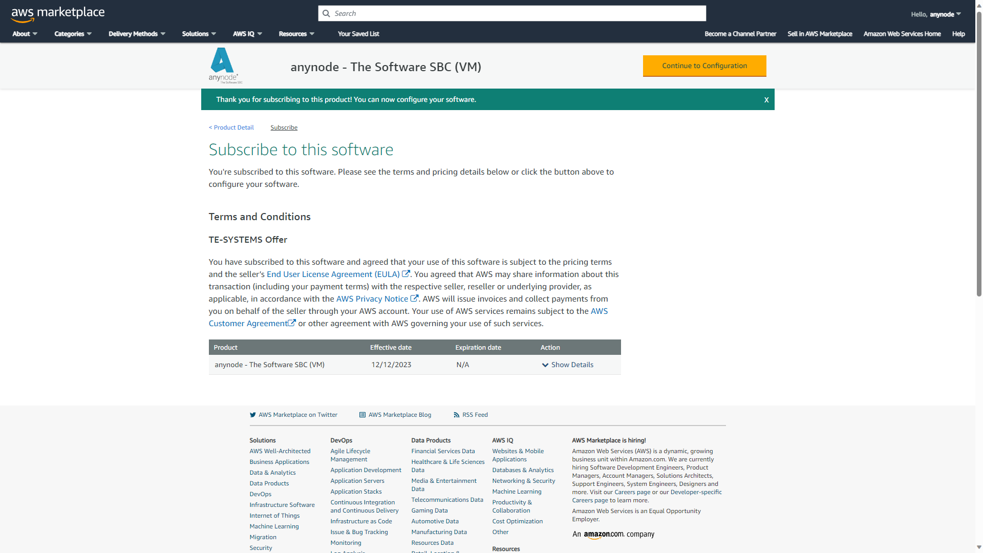 Screenshot: AWS Marketplace with terms and conditions for anynode – The Software SBC (VM). 