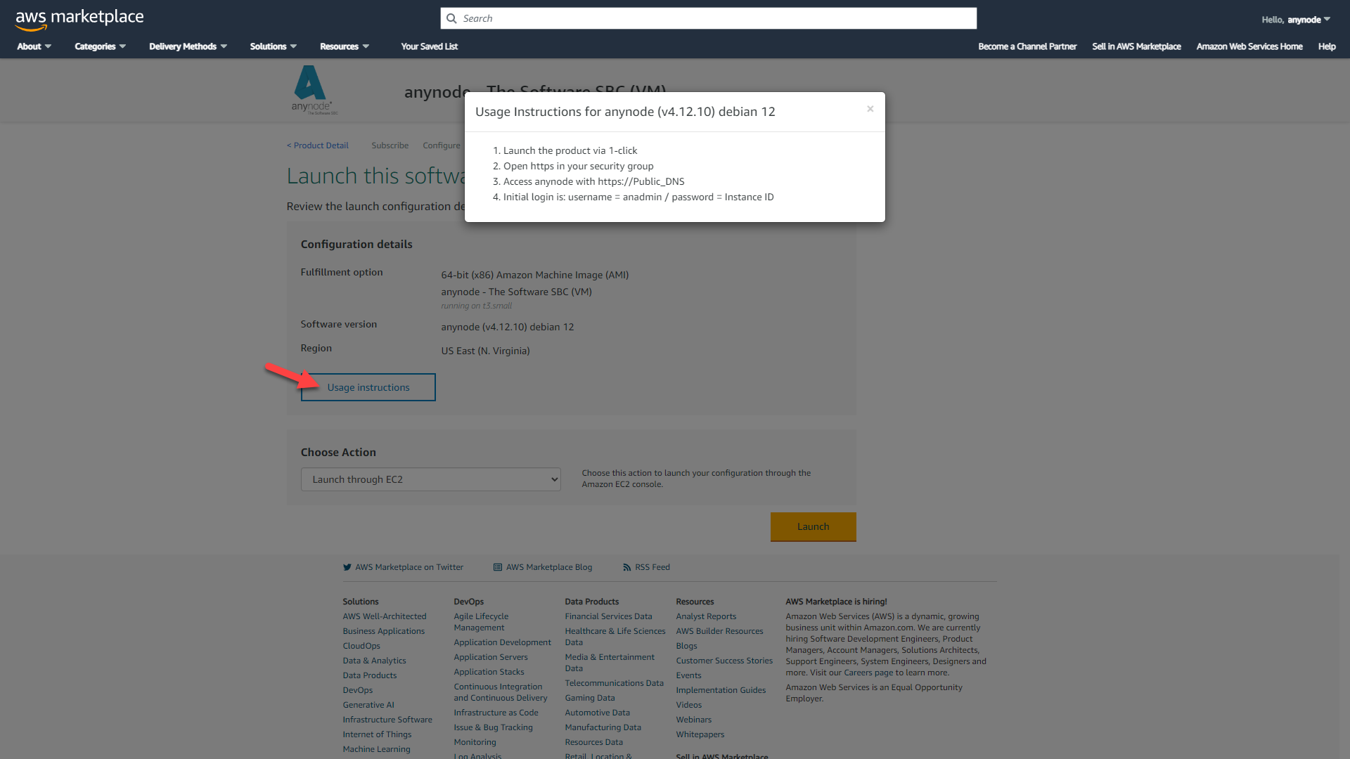 Screenshot: AWS Marketplace with usage instructions for anynode – The Software SBC (VM). 