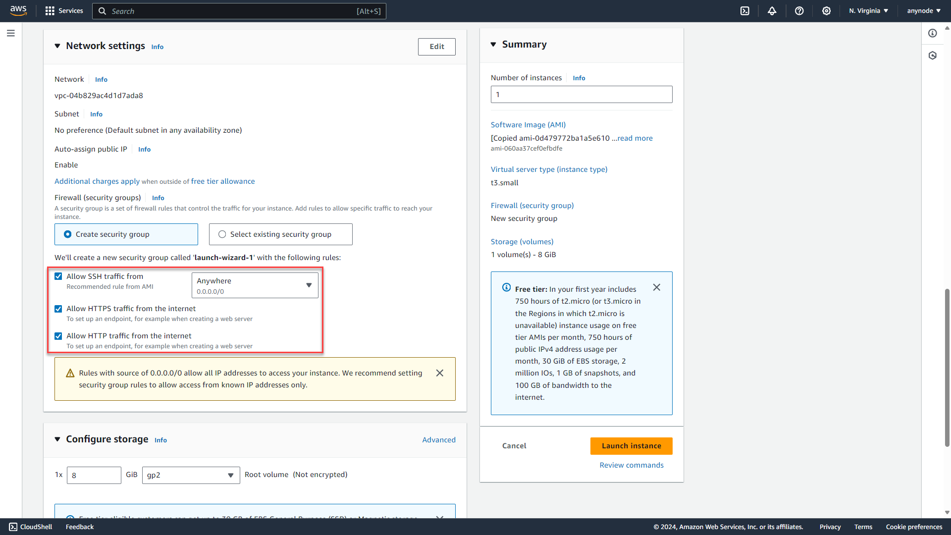 Screenshot: AWS with instance settings and network settings.