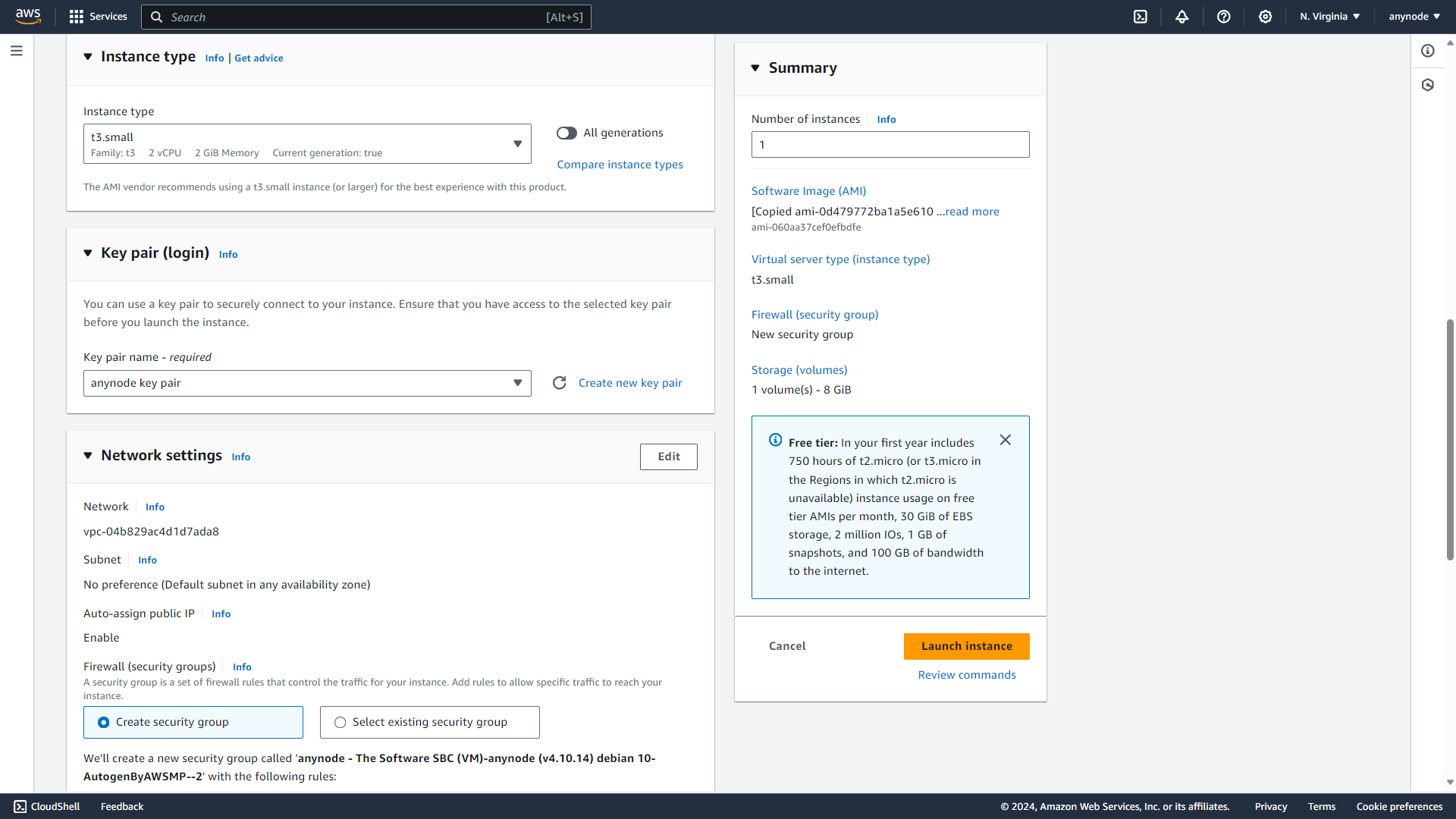 Screenshot: AWS with instance type and key pair settings.