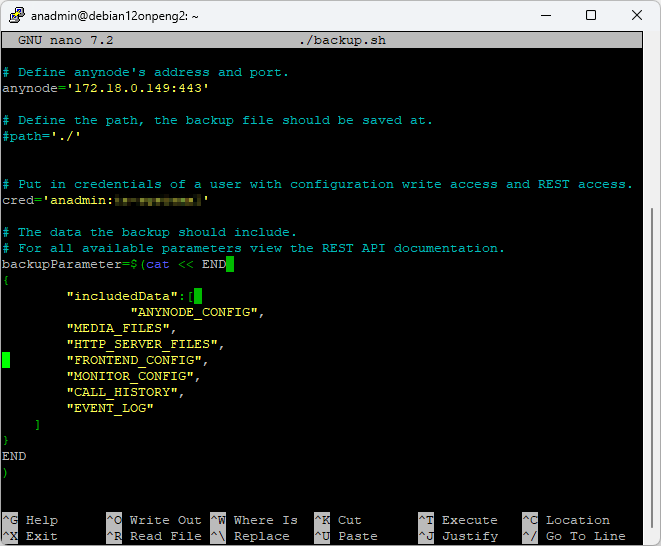 Screenshot: Edit parameters in shell script for a backup via REST API