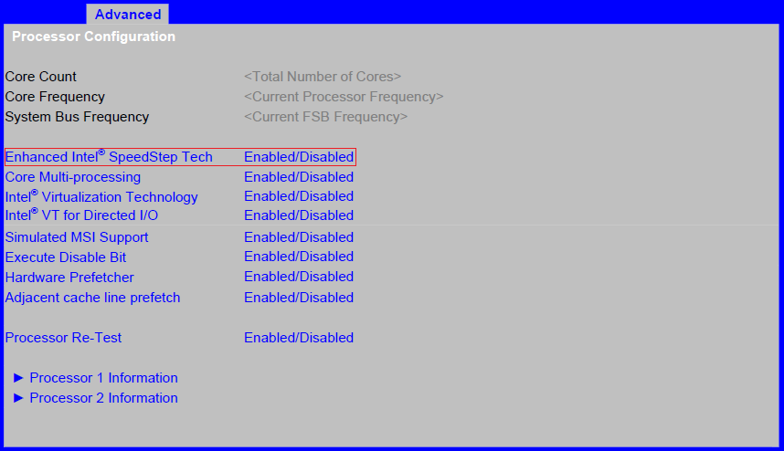 Screenshot: Enhanced Intel® SpeedStep Technology BIOS configuration example