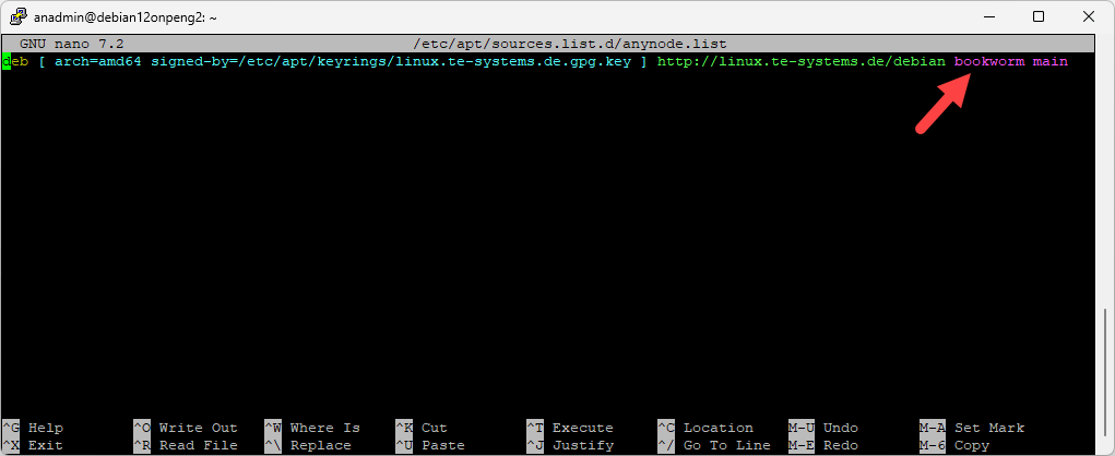 Screenshot: Established connection to the Linux server with anynode.list file for specification how the operating system retrieves relevant anynode packages.