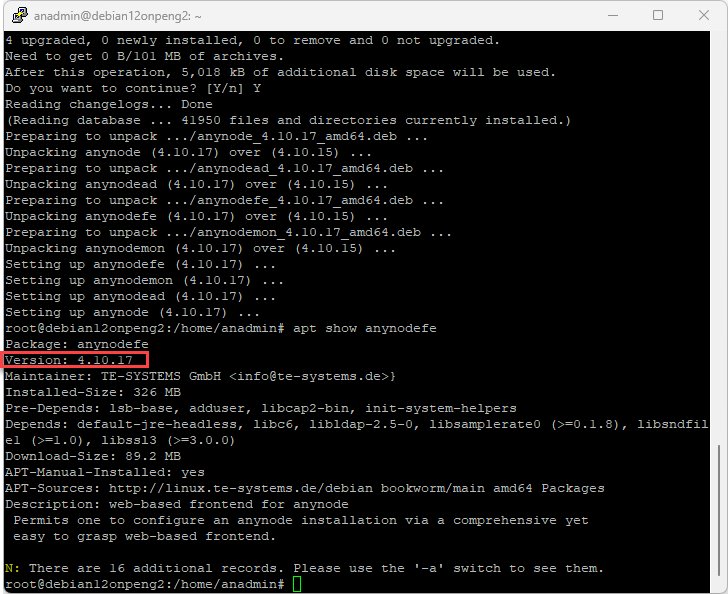 Screenshot: Established connection to the Linux server with apt show anynodefe command for anynode – The Software SBC. 