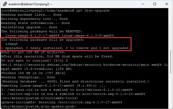 Screenshot: Established connection to the Linux server with apt upgrade command for anynode – The Software SBC. 