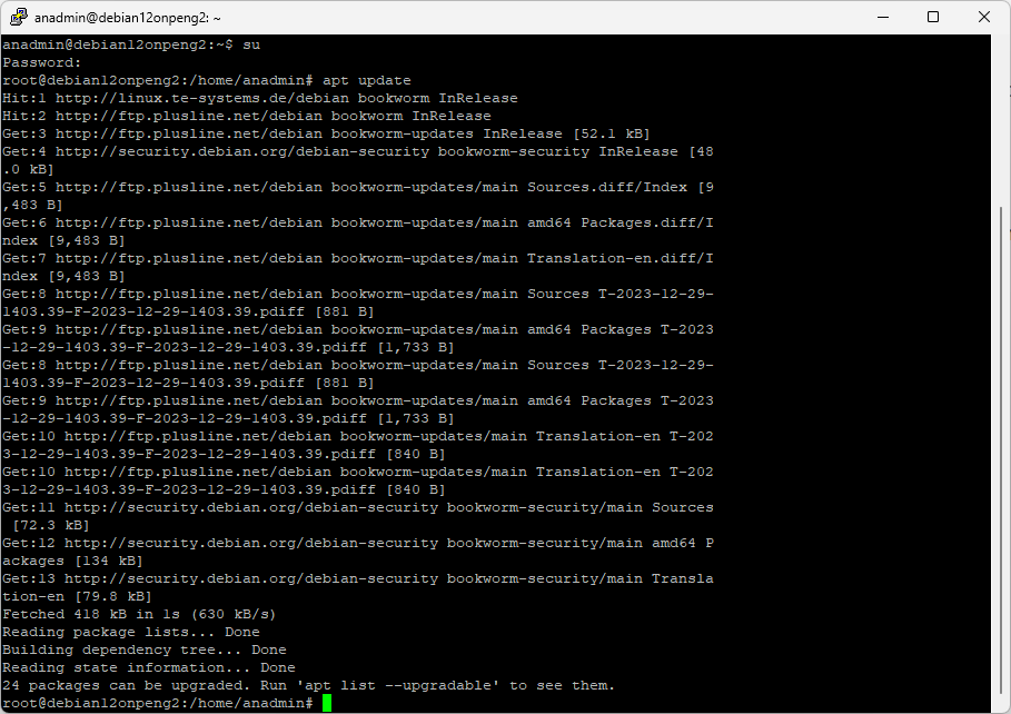 Screenshot: Established connection to the Linux server with apt update for anynode – The Software SBC.  