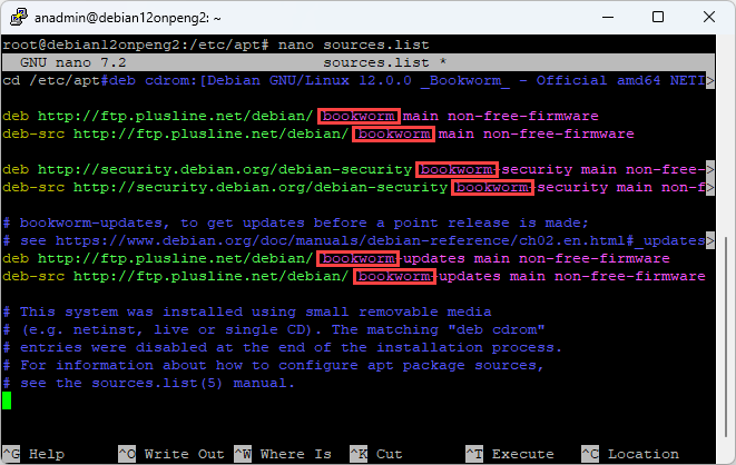 Screenshot: Established connection to the Linux server with sources.list file, located in the directory /etc/apt on a Debian 12 system.