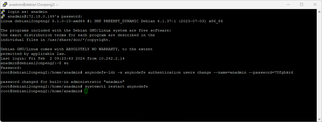 Screenshot: Established connection to the Linux server with superuser (root) and password reset for anynode – The Software SBC.