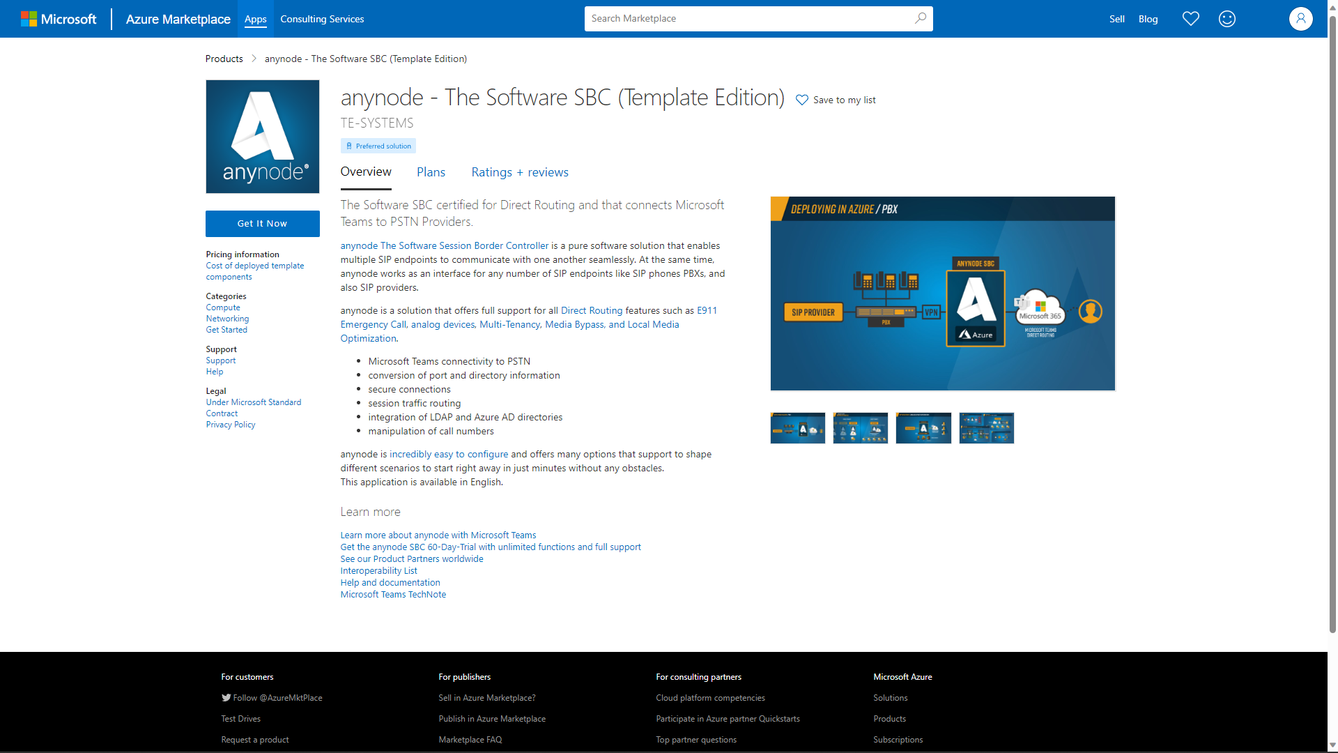 Screenshot: Microsoft Azure Marketplace with anynode – The Software SBC template edition.