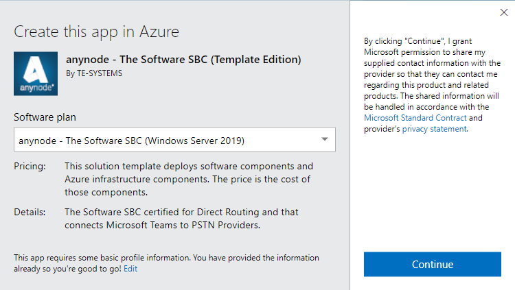 Screenshot: Microsoft Azure Marketplace with anynode – The Software SBC template edition and create app dialogue with permission to share the supplied contact information.