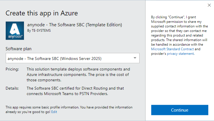 Screenshot: Microsoft Azure Marketplace with anynode – The Software SBC template edition and create app dialogue with permission to share the supplied contact information.