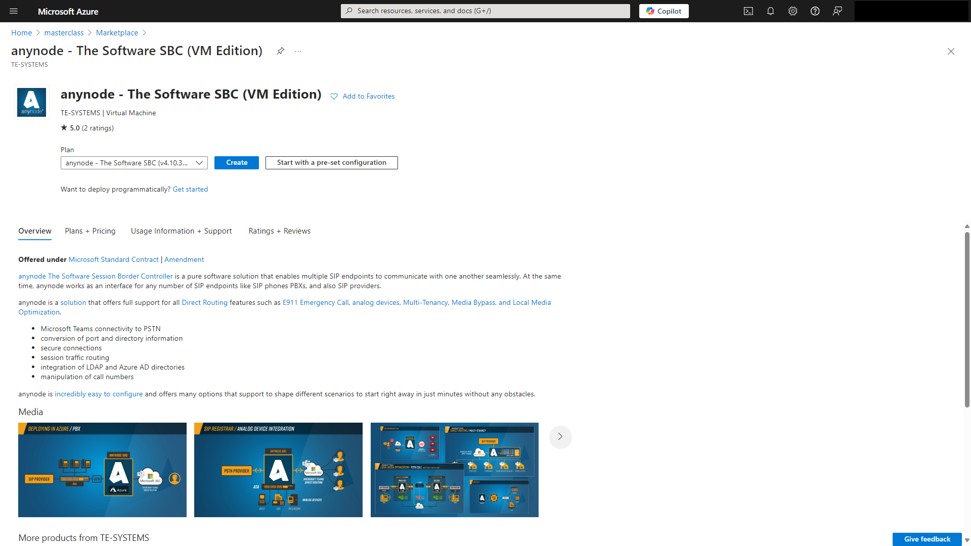 Screenshot: Microsoft Azure Marketplace with anynode – The Software SBC VM Edition.