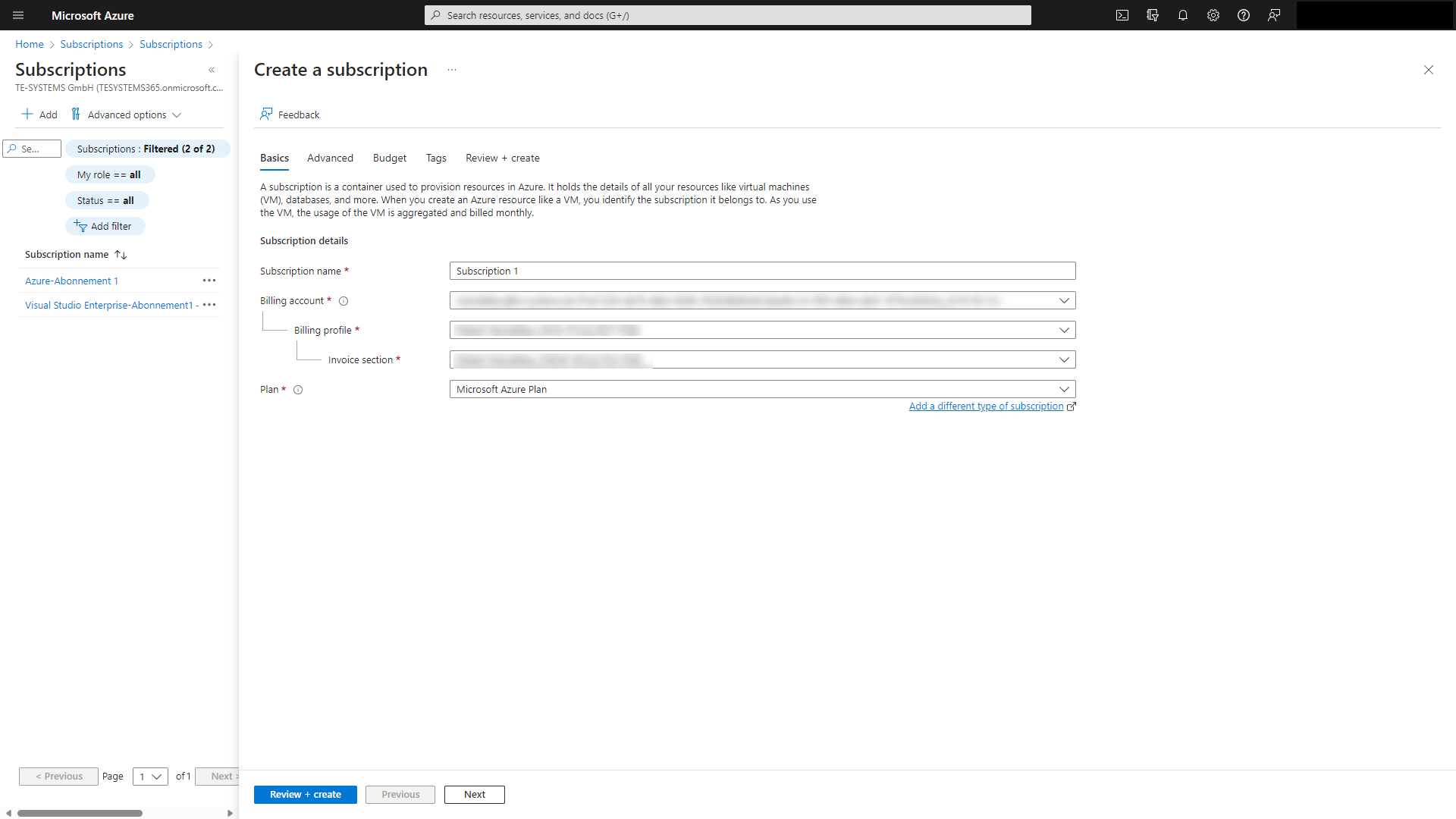 Screenshot: Microsoft Azure Marketplace with creation of a subscription.