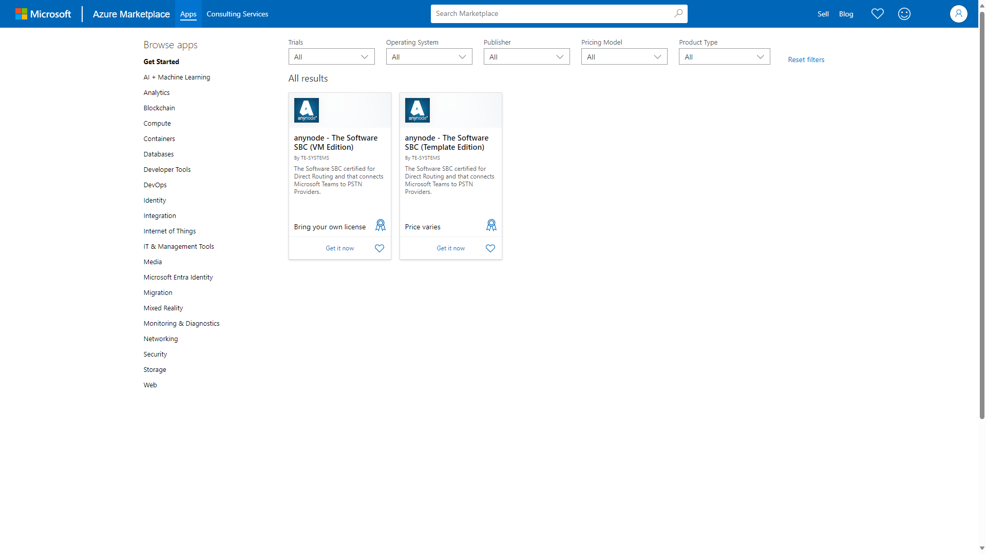 Screenshot: Microsoft Azure Marketplace with search results for anynode – The Software SBC 