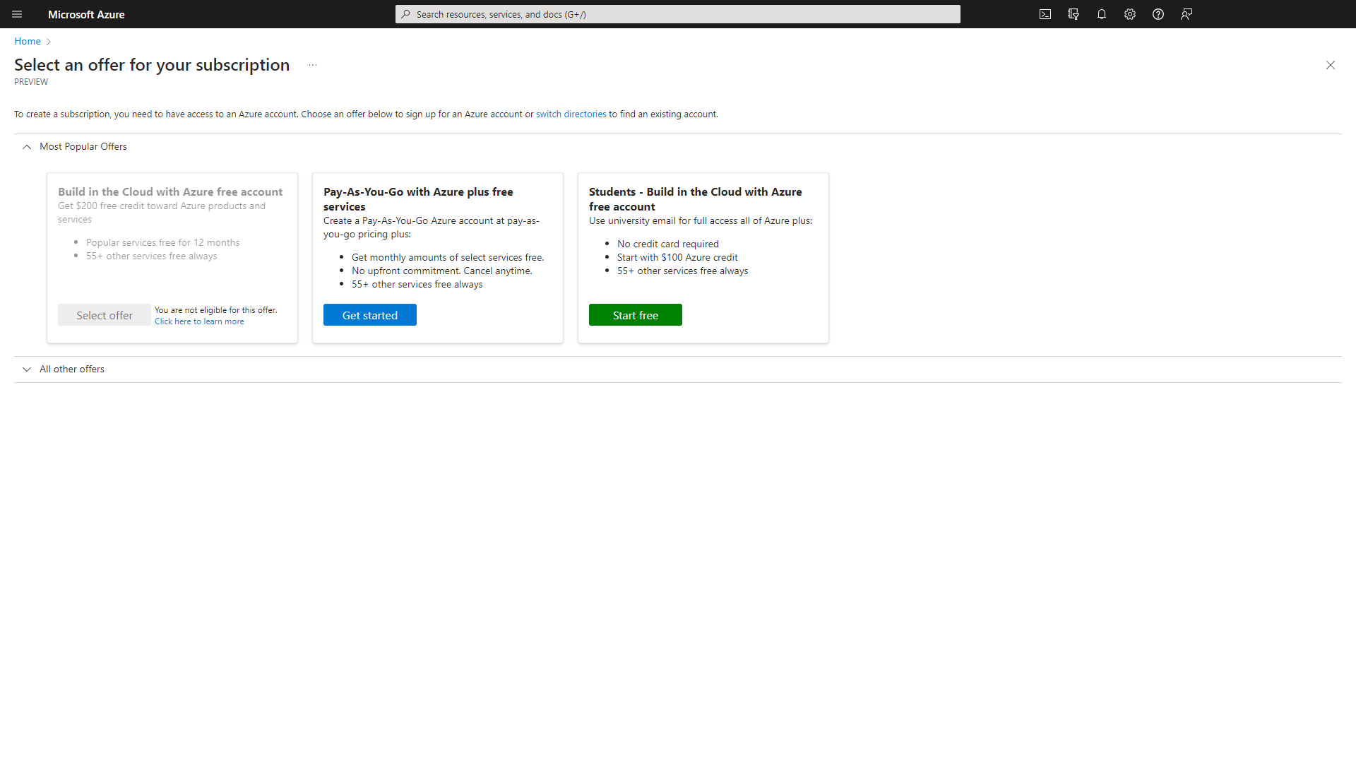 Screenshot: Microsoft Azure Marketplace with selection of an offer for a subscription.