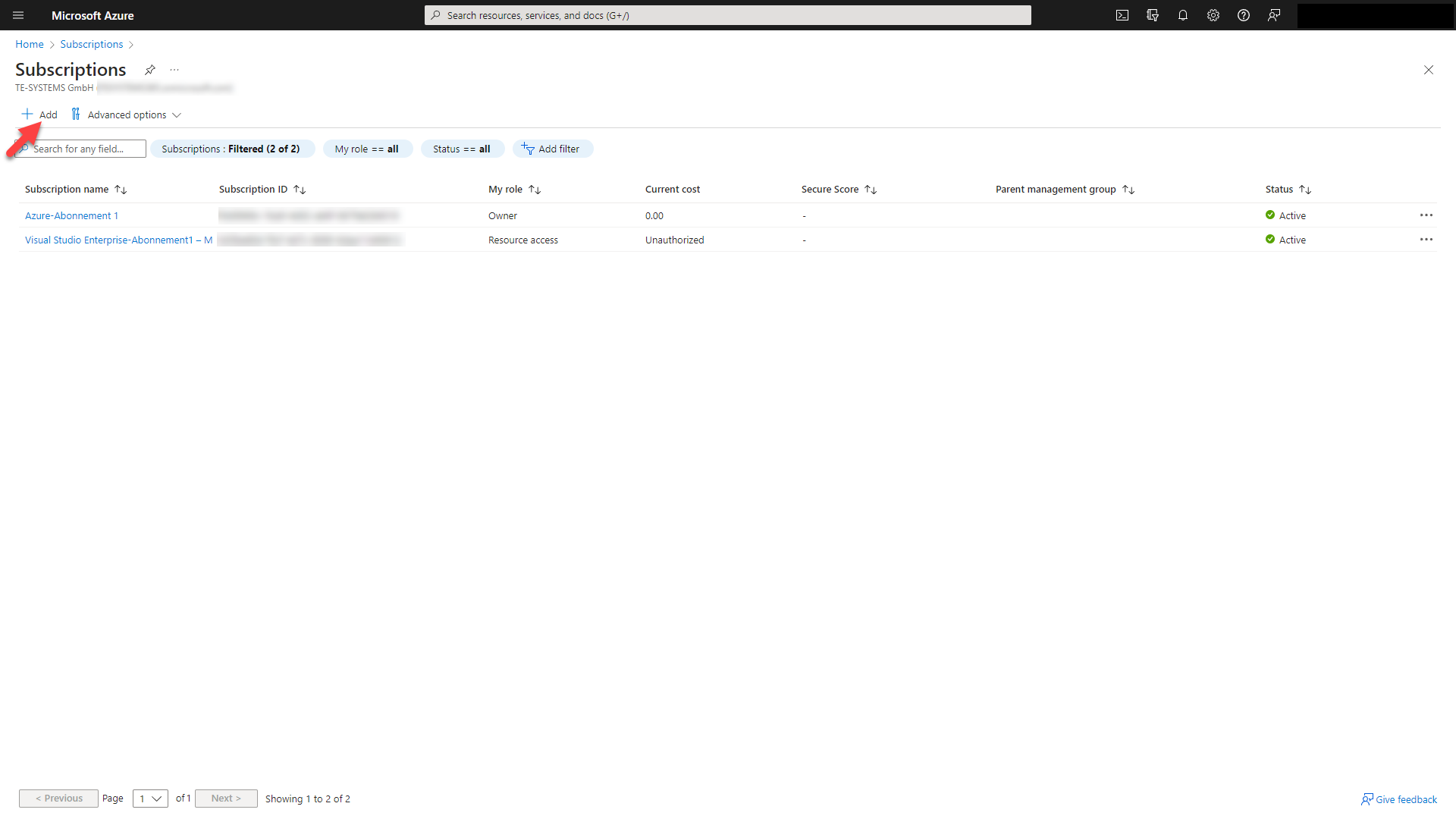 Screenshot: Microsoft Azure Marketplace with subscriptions overview.