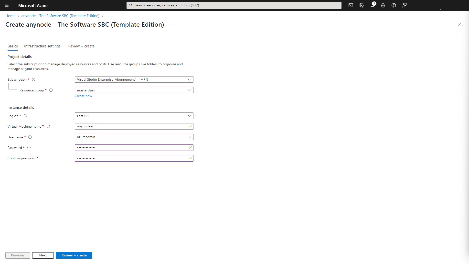 Screenshot: Microsoft Azure with anynode – The Software SBC template edition and create app dialogue with basic project details.