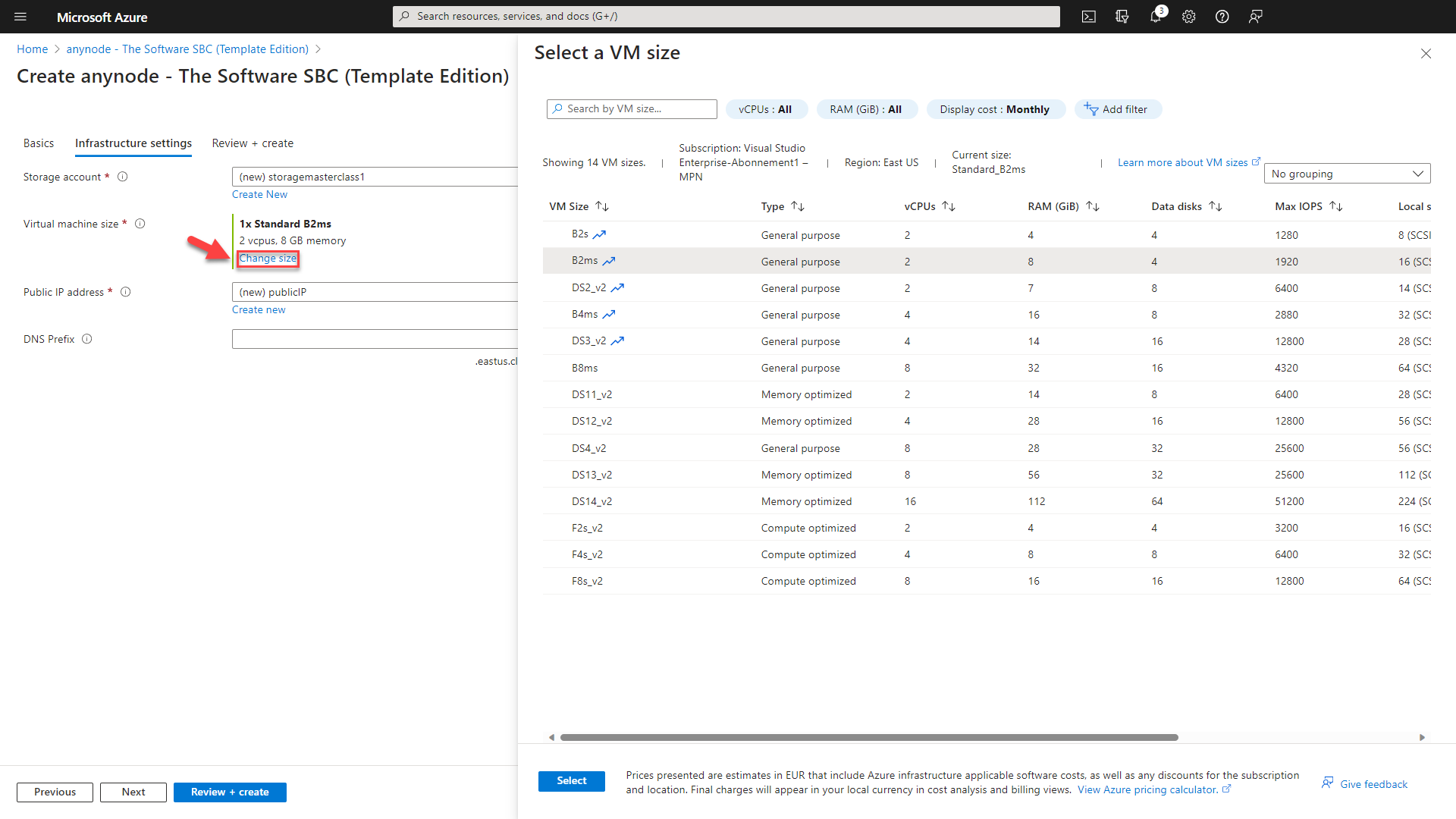 Screenshot: Microsoft Azure with anynode – The Software SBC template edition and create app dialogue with infrastructure settings and virtual machine size.