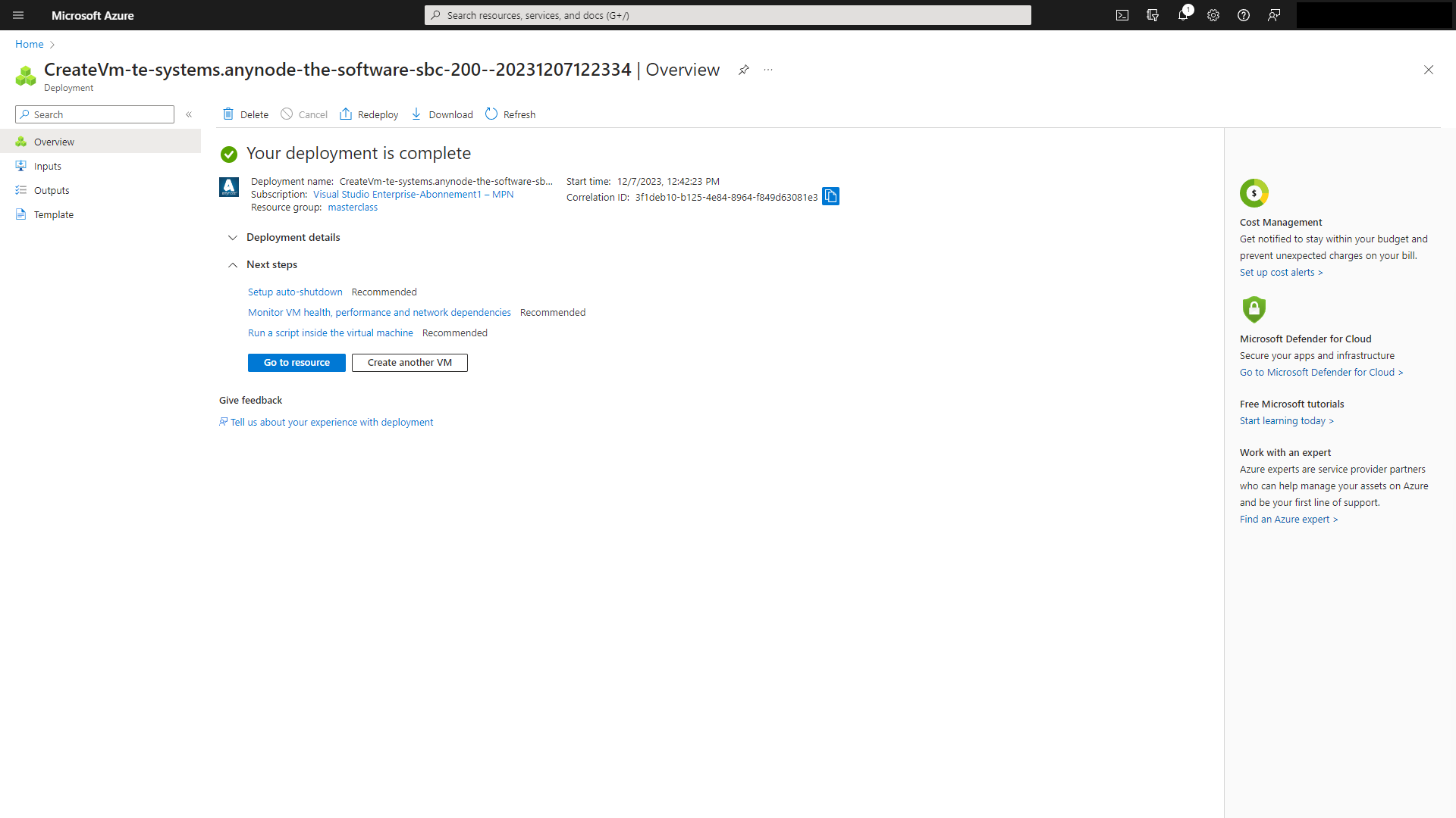 Screenshot: Microsoft Azure with anynode – The Software SBC template edition and complete deployment.