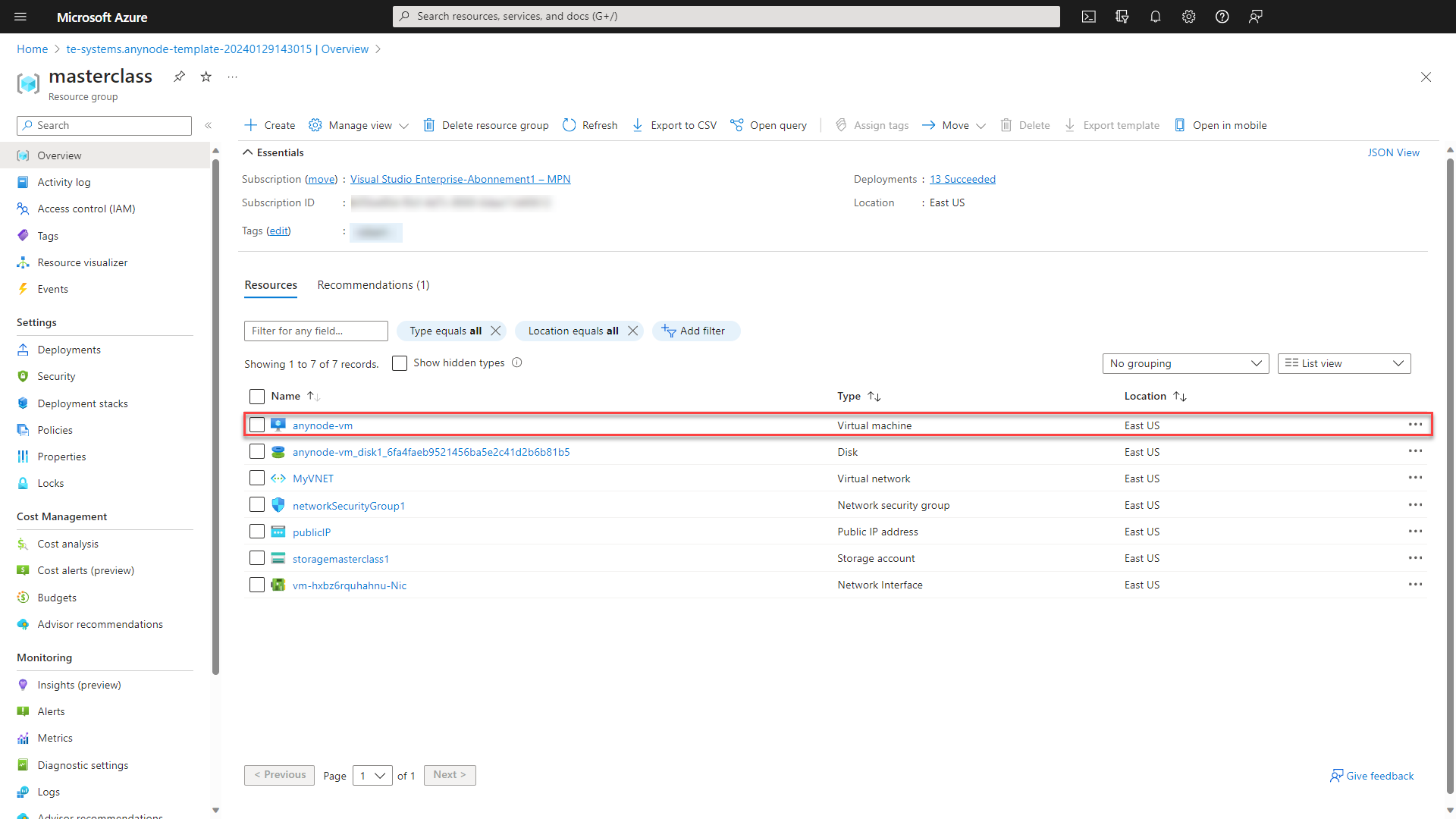 Screenshot: Microsoft Azure with anynode – The Software SBC template edition and resource overview.