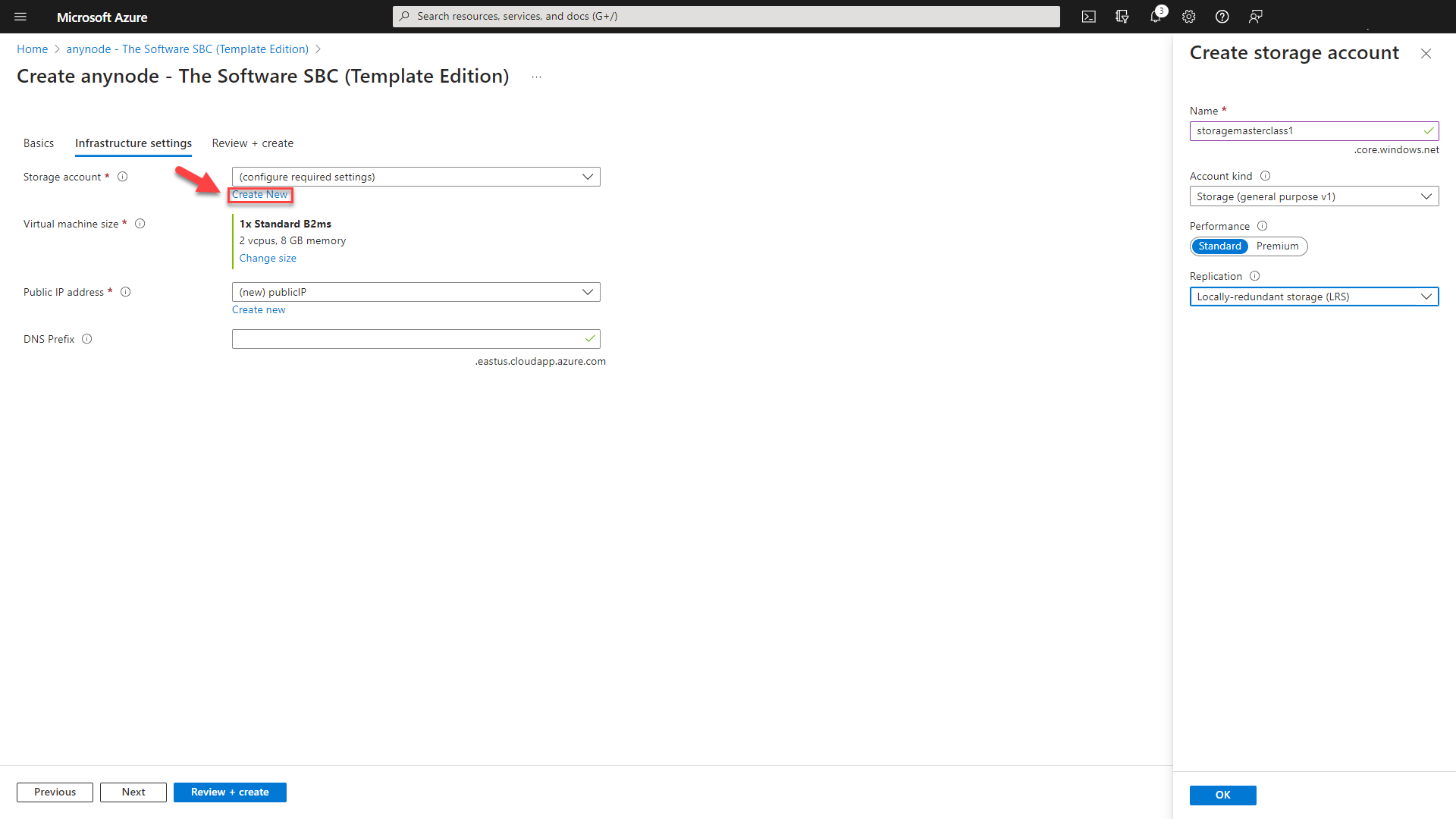 Screenshot: Microsoft Azure with anynode – The Software SBC template edition and connection via Azure Bastion.