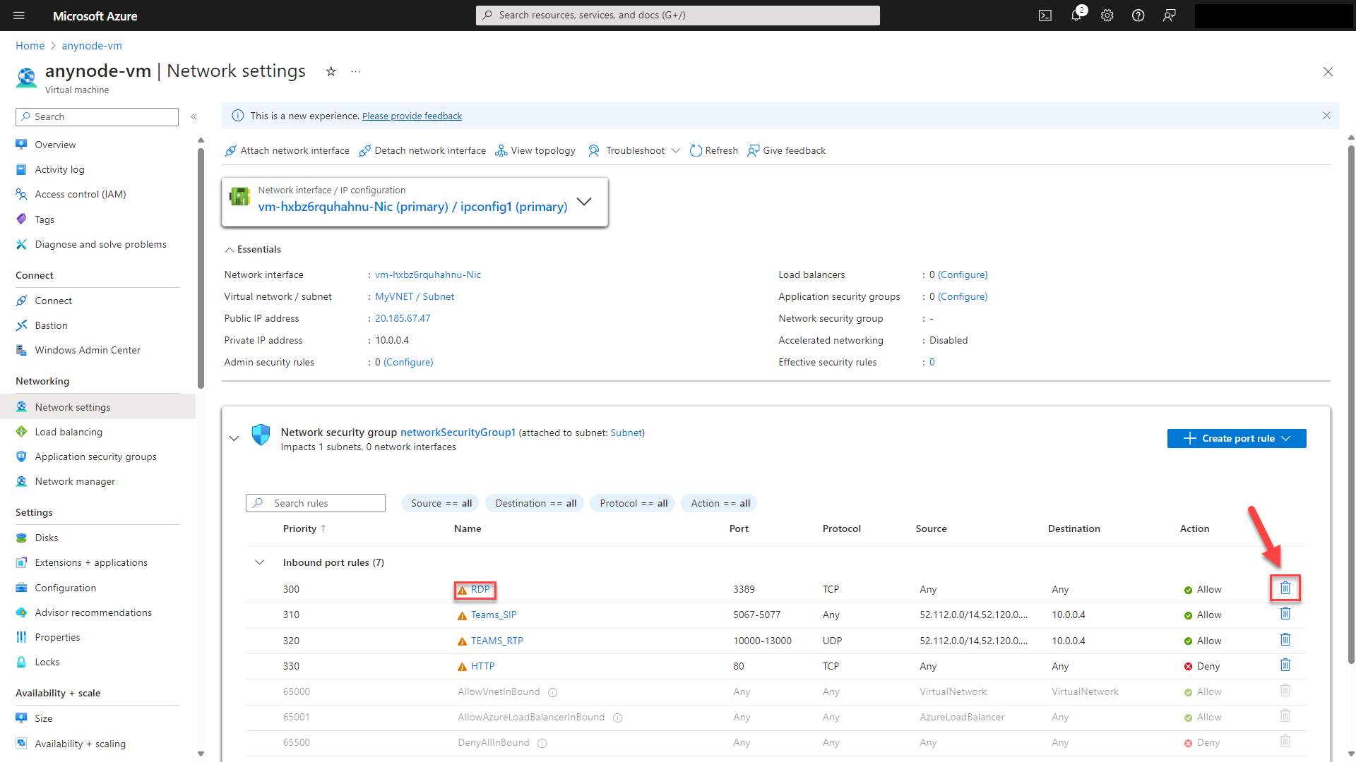 Screenshot: Microsoft Azure with anynode – The Software SBC template edition and network hardening for RDP.